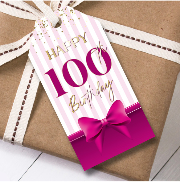 Birthday 12 Large Gift Tags 100th Birthday Pink Bow