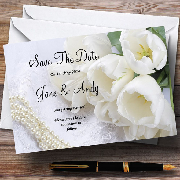 White Rose And Romantic Lace Personalized Wedding Save The Date Cards