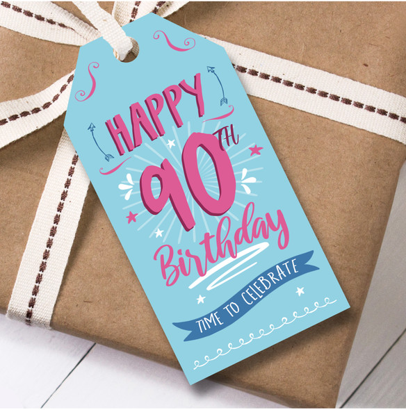 Birthday 12 Large Gift Tags 90th Birthday Female Blue Pink Swirls