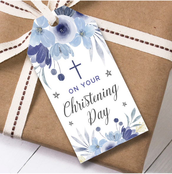 Christening 12 Large Gift Tags Christening Day Blue Boy Cross Silver