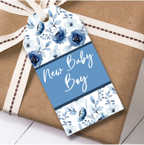 New Baby 12 Large Gift Tags Blue Flowers New Baby Boy