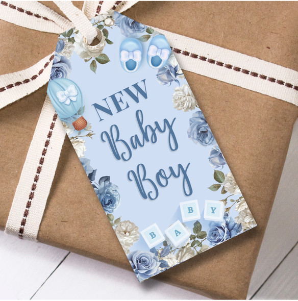 New Baby 12 Large Gift Tags New Baby Boy Blue Flowers Blocks Shoes