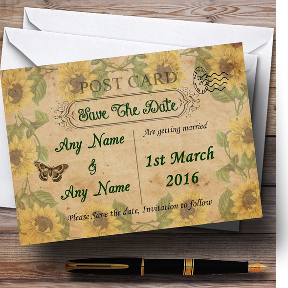 Sunflowers Vintage Shabby Chic Postcard Personalized Wedding Save The Date Cards