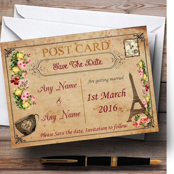 Vintage Paris Shabby Chic Postcard Personalized Wedding Save The Date Cards