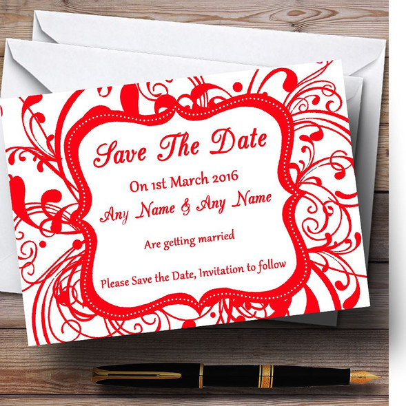 White & Red Swirl Deco Personalized Wedding Save The Date Cards