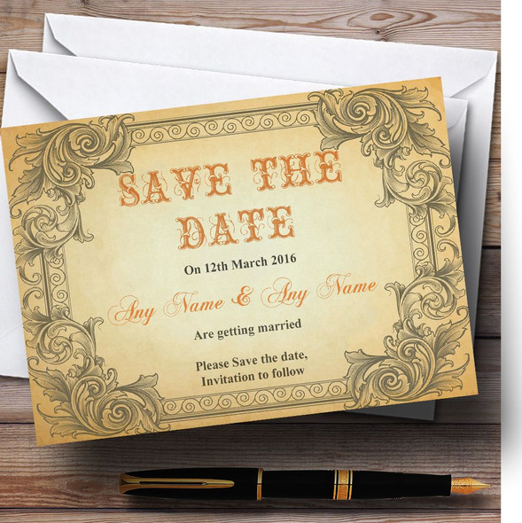 Typography Vintage Orange Postcard Personalized Wedding Save The Date Cards