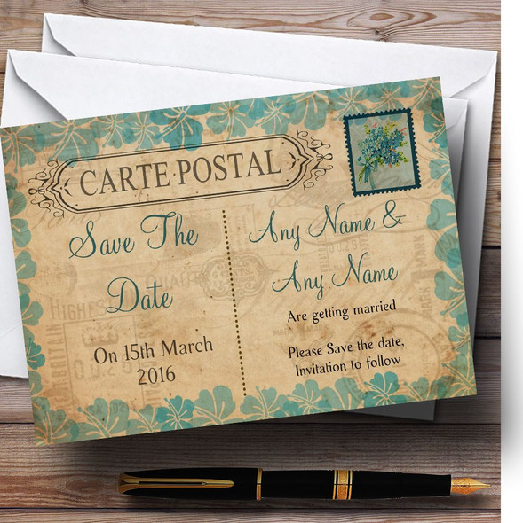 Shabby Chic Vintage Postcard Rustic Turquoise Stamp Personalized Wedding Save The Date Cards