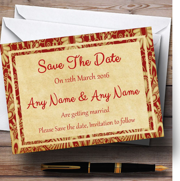 Vintage Royal Red Postcard Style Personalized Wedding Save The Date Cards