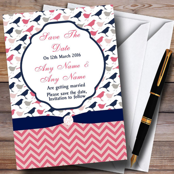 Coral Pink & Navy Blue Shabby Chic Birds Personalized Wedding Save The Date Cards