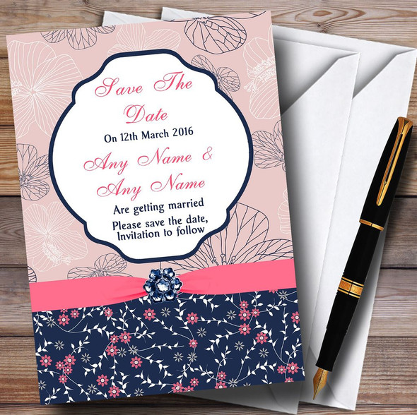 Navy Blue & Coral Pink Floral Personalized Wedding Save The Date Cards