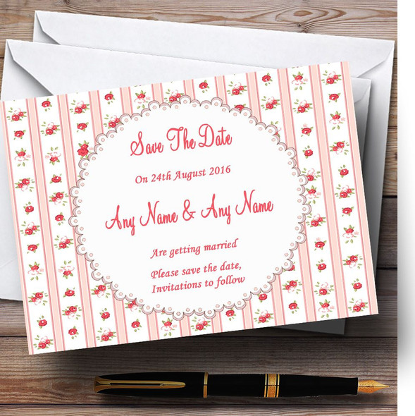 Pink Red Roses Shabby Chic Stripes Personalized Wedding Save The Date Cards