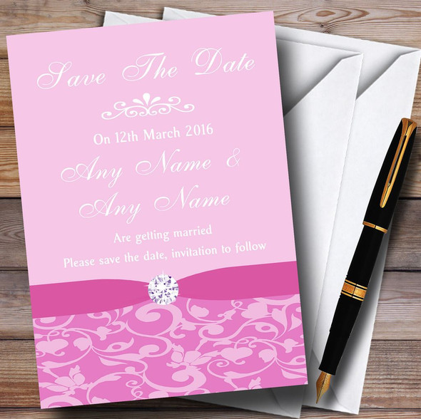 Dusty Pale Baby Rose Pink Vintage Floral Damask Diamante Personalized Wedding Save The Date Cards