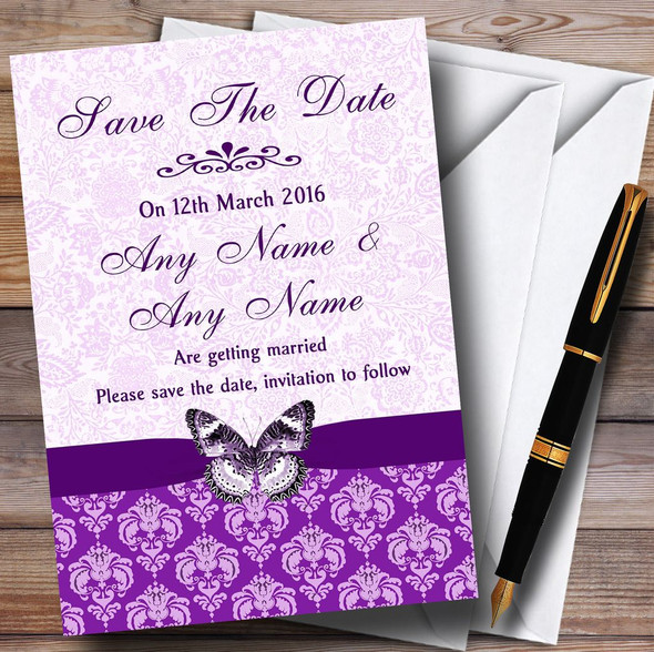 Cadbury Purple Vintage Floral Damask Butterfly Personalized Wedding Save The Date Cards