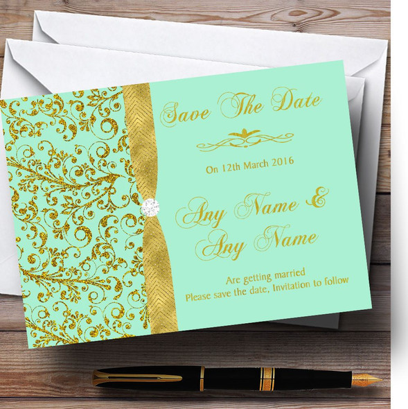 Gold And Cool Mint Green Vintage Personalized Wedding Save The Date Cards