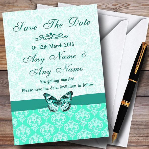 Mint Green Vintage Floral Damask Butterfly Personalized Wedding Save The Date Cards