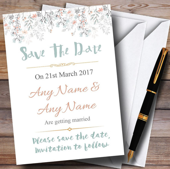 Coral & Blue Autumn Watercolour Personalized Wedding Save The Date Cards