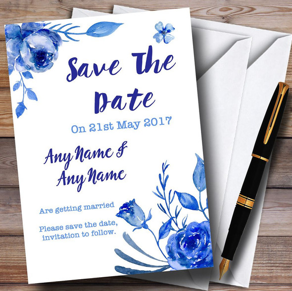 Blue & White Watercolour Floral Personalized Wedding Save The Date Cards