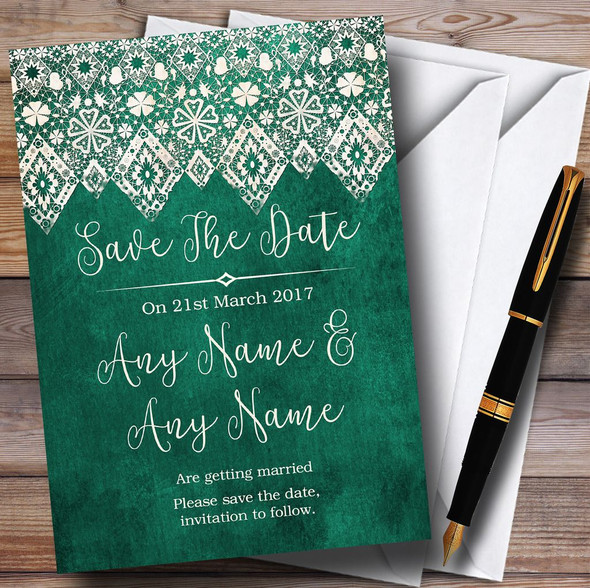 Teal Green Old Paper & Lace Effect Personalized Save The Date Cards