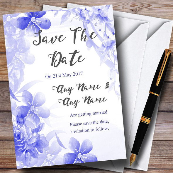 Blue Watercolour Floral Personalized Wedding Save The Date Cards