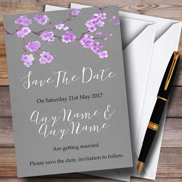 Rustic Vintage Dark Grey & Purple Blossom Personalized Save The Date Cards