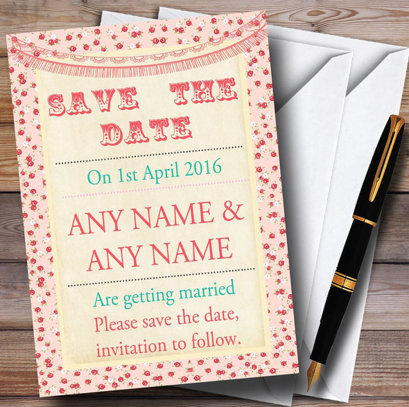 Pink Roses Shabby Chic Garland Personalized Wedding Save The Date Cards