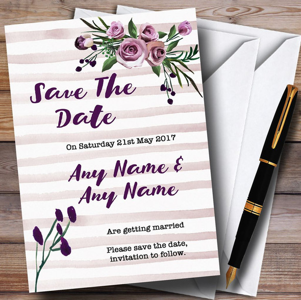 Watercolour Stripes Purple Personalized Wedding Save The Date Cards