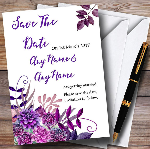 Cadbury Purple Watercolour Florals Personalized Wedding Save The Date Cards