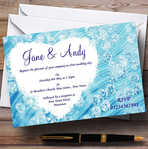 Pale Baby Blue Crystals Pretty Personalized Wedding Invitations