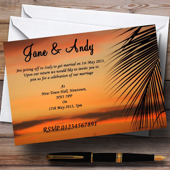 Palm Tree Sunset Jetting Off Abroad Personalized Wedding Invitations