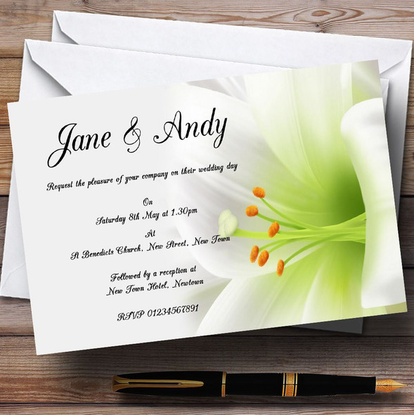 Subtle White Lily Flower Personalized Wedding Invitations