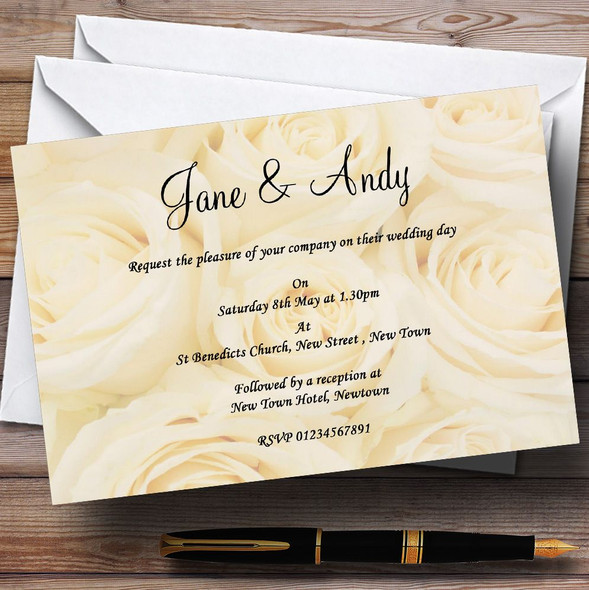 Pale Cream Ivory Roses Personalized Wedding Invitations