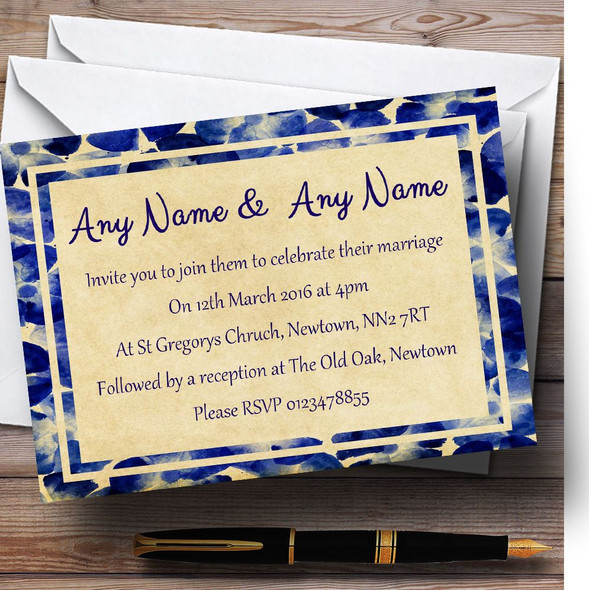 Vintage Blue Flowers Postcard Style Personalized Wedding Invitations