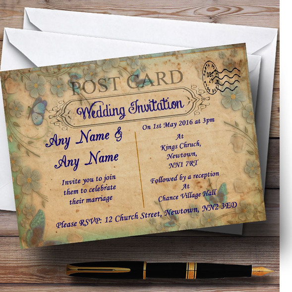 Blue Floral Vintage Shabby Chic Postcard Personalized Wedding Invitations