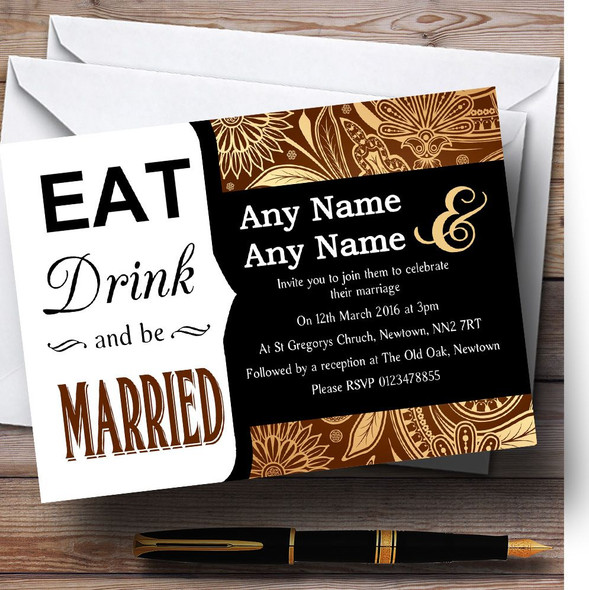 Eat Drink Brown Gold Vintage Paisley Personalized Wedding Invitations