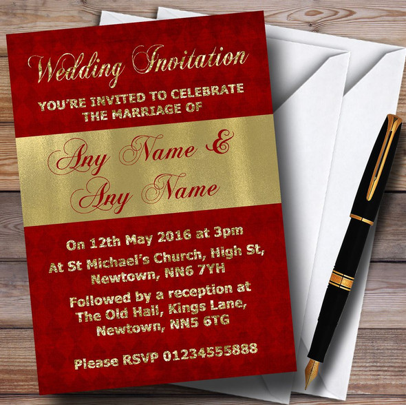 Dark Red And Glitter Look Gold Wedding Personalized Invitations