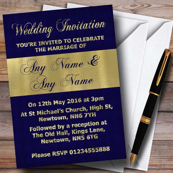 Navy Blue And Glitter Look Gold Wedding Personalized Invitations