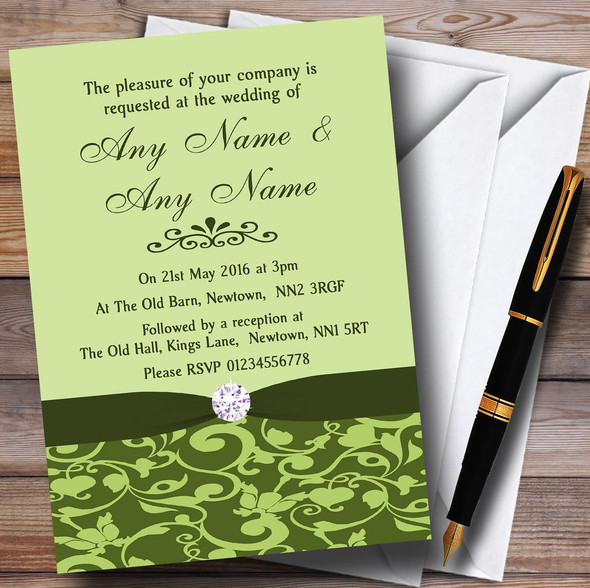 Olive Green Vintage Floral Damask Diamante Personalized Wedding Invitations