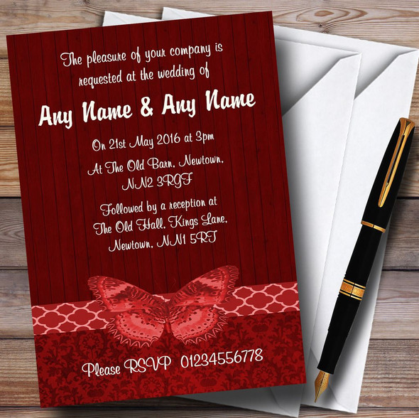 Rustic Vintage Wood Butterfly Deep Red Personalized Wedding Invitations