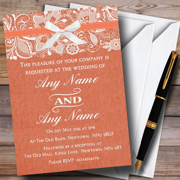 Vintage Coral Burlap & Lace Personalized Wedding Invitations