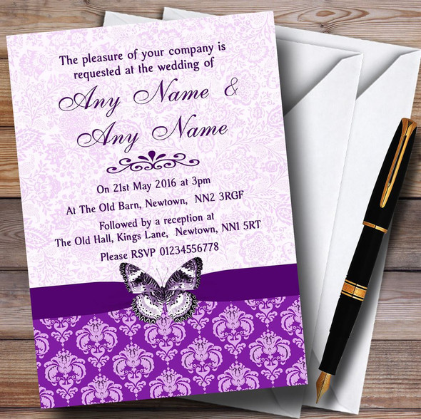 Cadbury Purple Vintage Floral Damask Butterfly Personalized Wedding Invitations