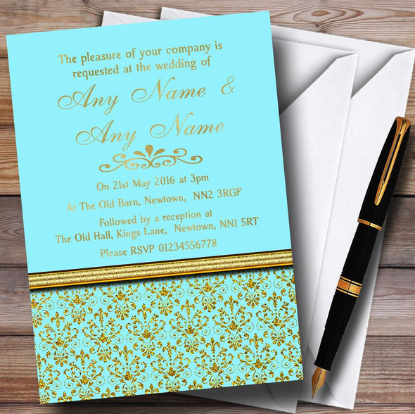 Aqua Sky Blue & Gold Vintage Damask Personalized Wedding Invitations