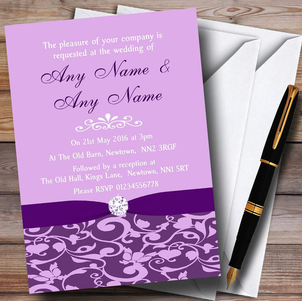 Cadbury Purple Vintage Floral Damask Diamante Personalized Wedding Invitations