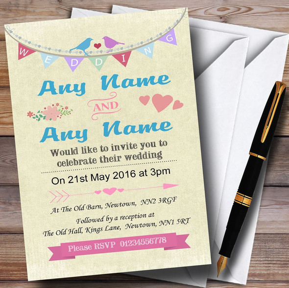 Vintage Shabby Chic Love Birds And Bunting Personalized Wedding Invitations