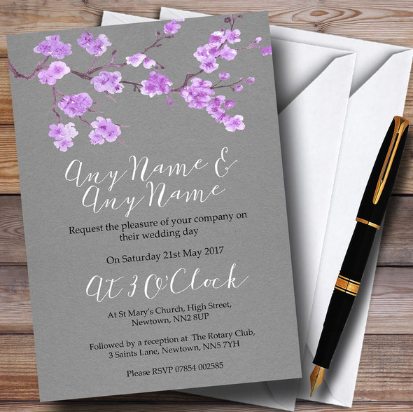 Rustic Vintage Dark Grey & Purple Blossom Personalized Wedding Invitations