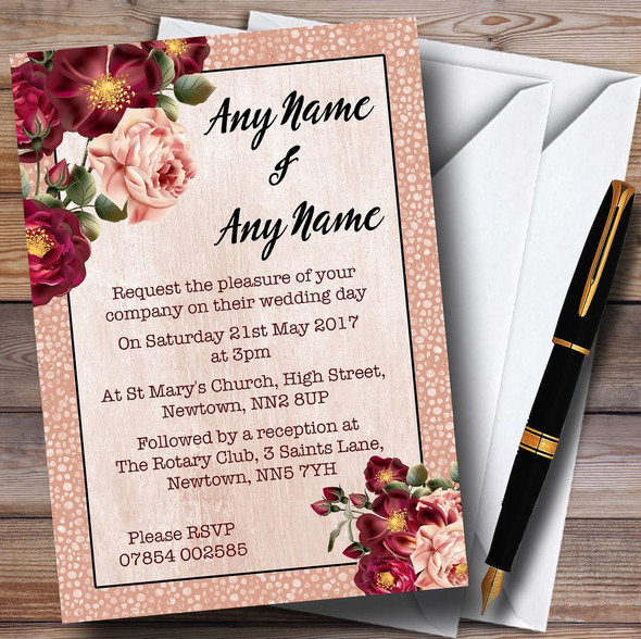 Coral Blush & Deep Red Watercolour Rose Personalized Wedding Invitations
