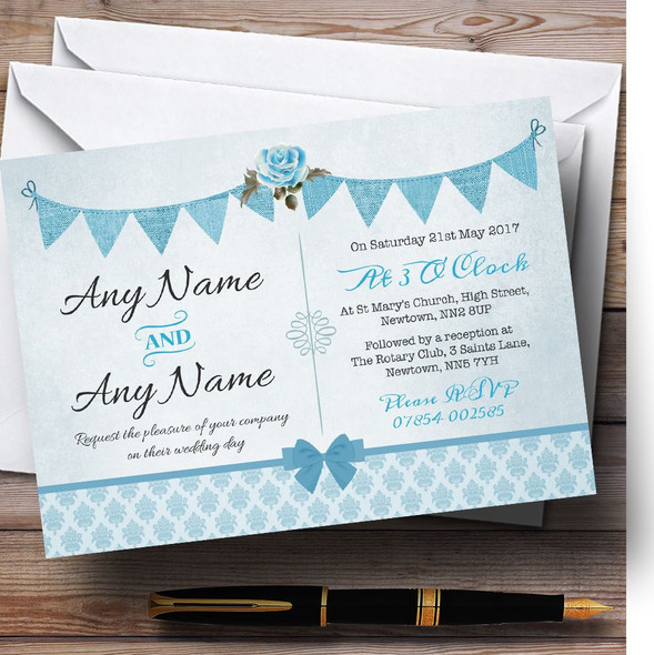 Vintage Rustic Style Bunting Powder Baby Blue Personalized Wedding Invitations