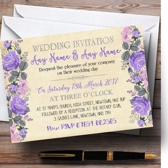 Vintage Purple & Pink Watercolour Personalized Wedding Invitations