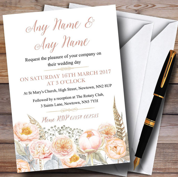 Coral Pink Peach Peonies Personalized Wedding Invitations