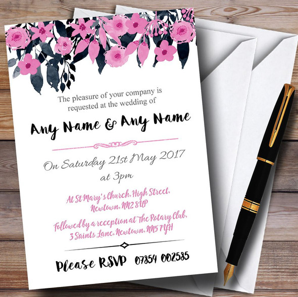 Watercolour Black & Dusty Pink Floral Header Personalized Wedding Invitations