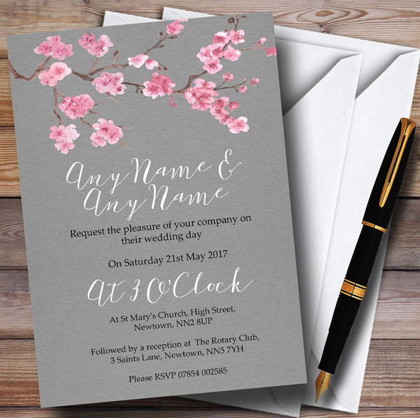 Rustic Vintage Dark Grey & Pink Blossom Personalized Wedding Invitations